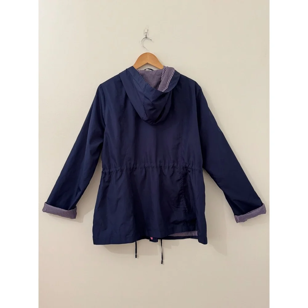 Kim Rogers Women's Navy Hooded Rain Jacket Pink Stripe Lined Drawstring XXL Coat